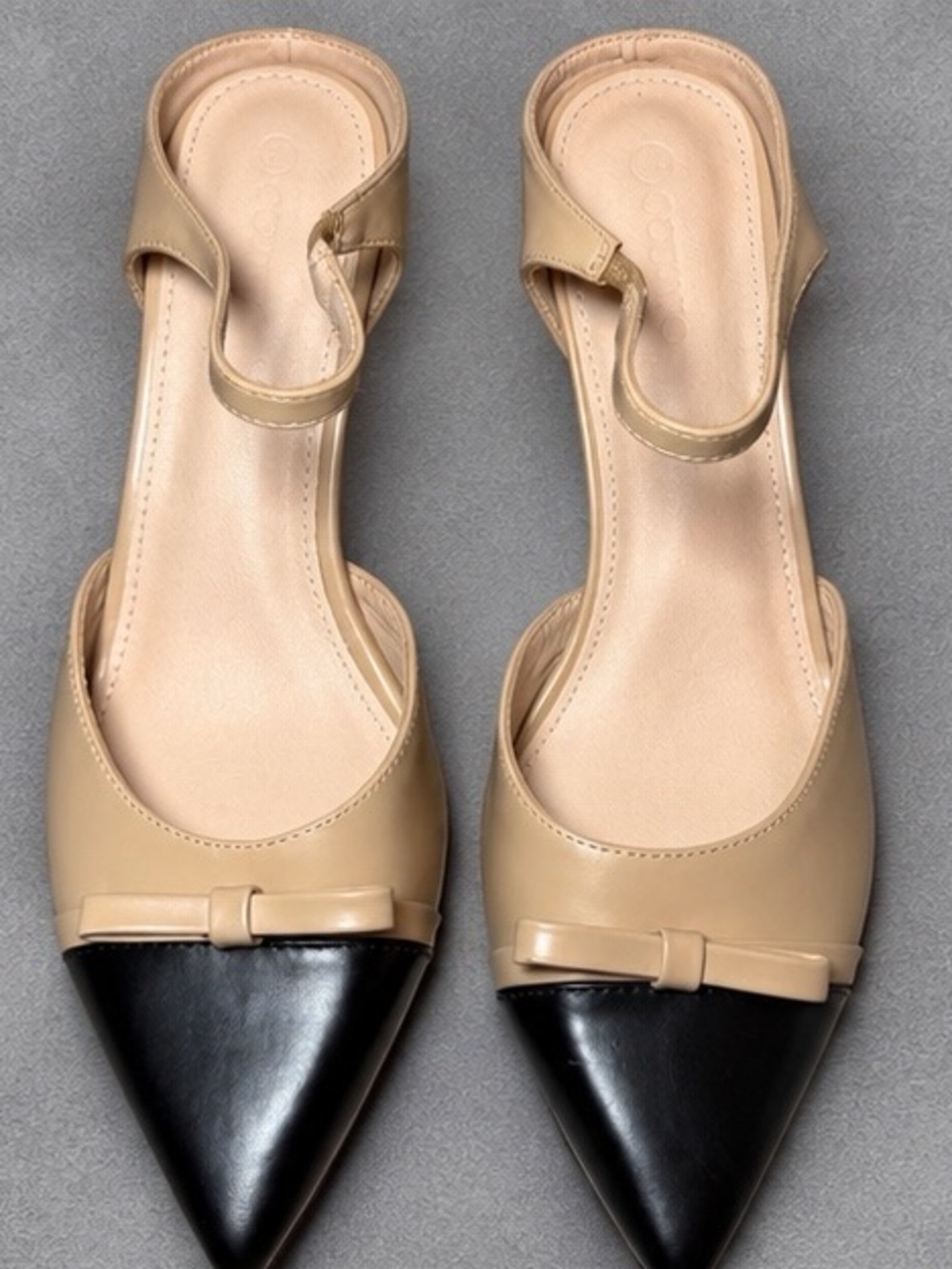 Beige and Black Pointed Toe Slingback Heels with Slim Heel